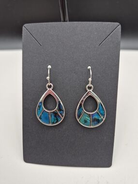 Turquoise Inlay Teardrop Dangle Earrings - Women Jewelry